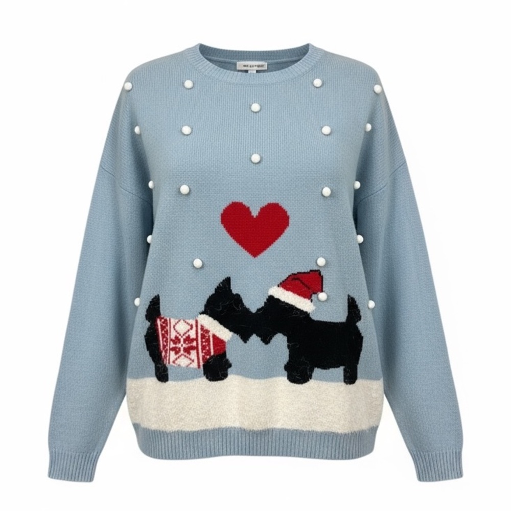 Ugly Christmas  Sweater  Collection Woman 1X Plus Scotty Dogs Blue snow pomp pom